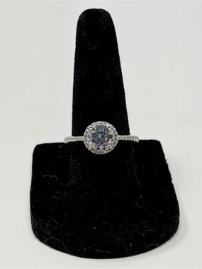 Silver Halo Round Moissanite Engagement Ring in 925 Sterling Silver NWT